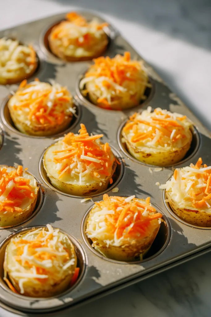 Muffin tin filled with alternating layers of potatoes and carrots, topped with shredded cheese for Potato and Carrot Stacks.
