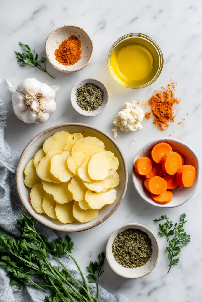Sliced potatoes, carrots, and spices arranged on a marble surface for Potato and Carrot Stacks.