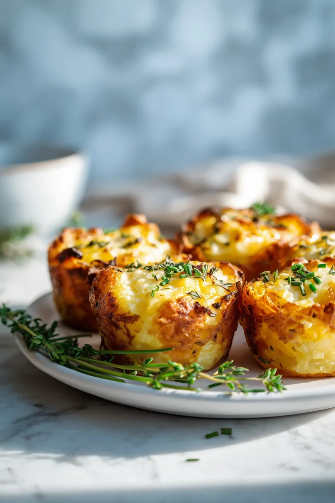 Golden Potato and Carrot Stacks on a white plate, garnished with fresh chives and thyme, displaying crispy edges.