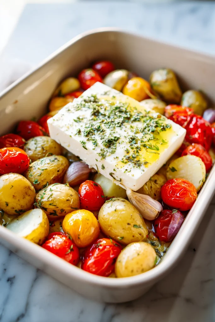 Baking dish containing potatoes, cherry tomatoes, garlic, and feta block drizzled with olive oil and herbs, ready to make roasted mediterranean potatoes with feta and tomatoes.