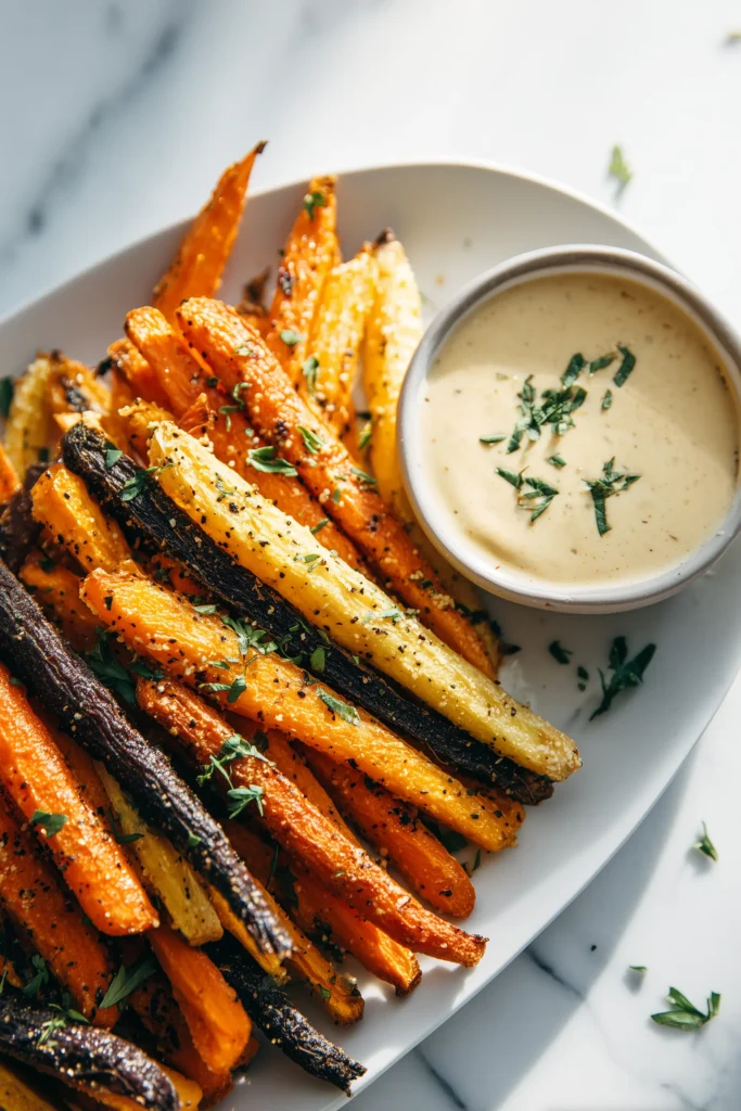 A platter of rainbow carrot fries with herbs and a dip for added color and flavor.