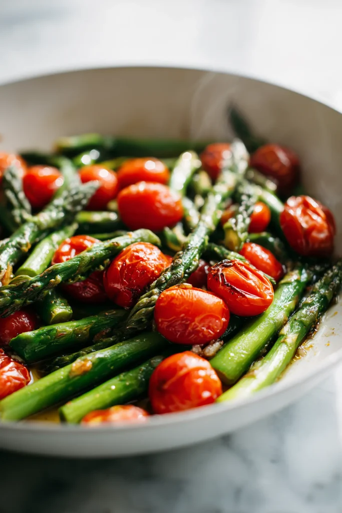 Asparagus and cherry tomatoes cooking in a skillet for Ravioli with Tomatoes and Asparagus.