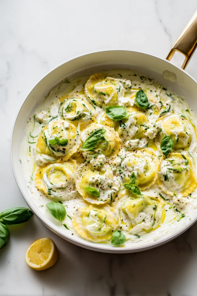 Creamy Lemon Ravioli with Burrata and Burst Tomatoes 3 Skillet of cheese ravioli coated in creamy lemon sauce, garnished with lemon zest and basil for creamy lemon ravioli with burrata.