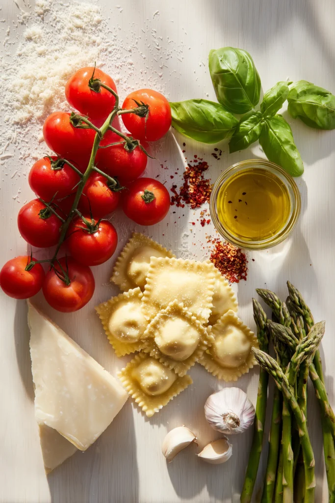 Fresh ravioli, asparagus, tomatoes, basil, garlic, and cheese arranged for Ravioli with Tomatoes and Asparagus dish.