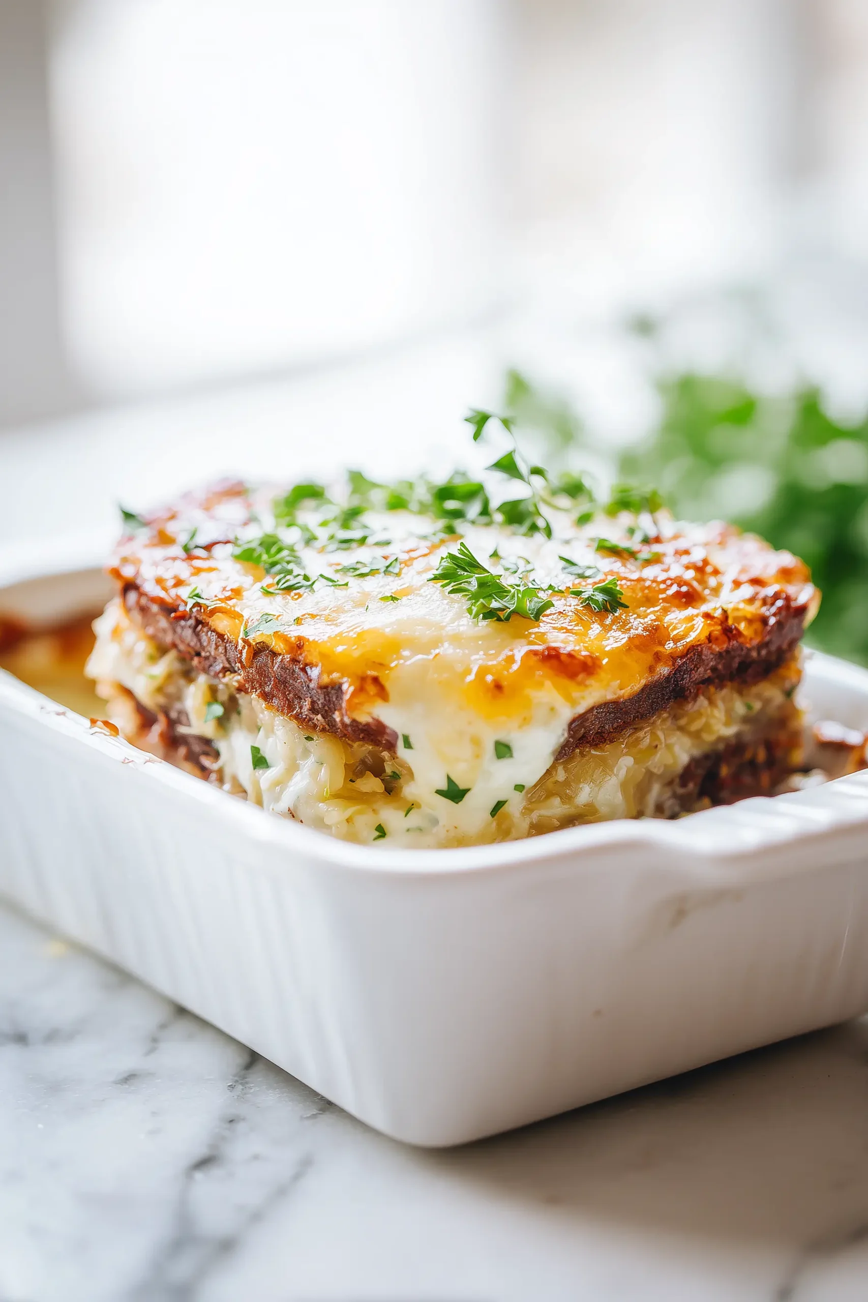 A Reuben Bake with Layers of Corned Beef in a white casserole, showing crisp cheesy top and visible rye bread layers.