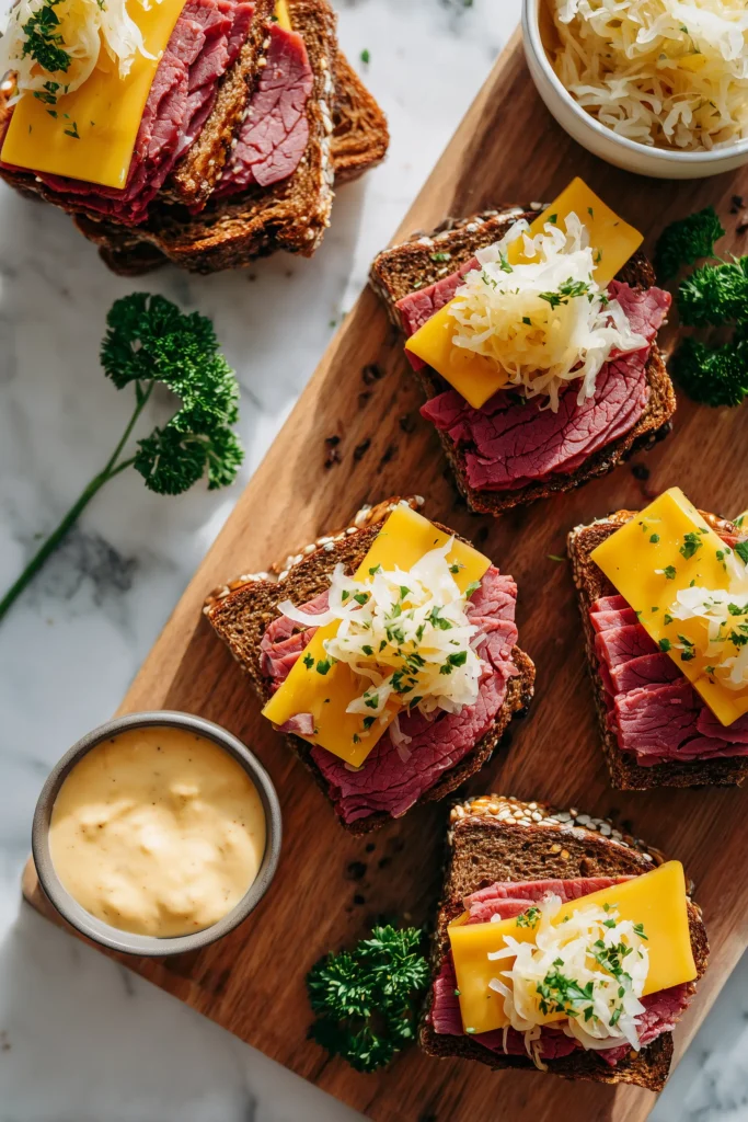 Overhead image of ingredients for Reuben Bake with Layers of Corned Beef: rye bread, cheese, sauerkraut, corned beef, and dressing.