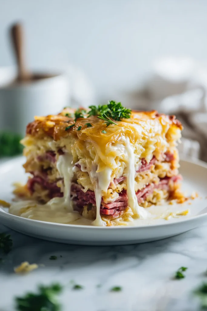 A serving of Reuben Bake with Layers of Corned Beef on a plate, showing layered filling and golden crust.