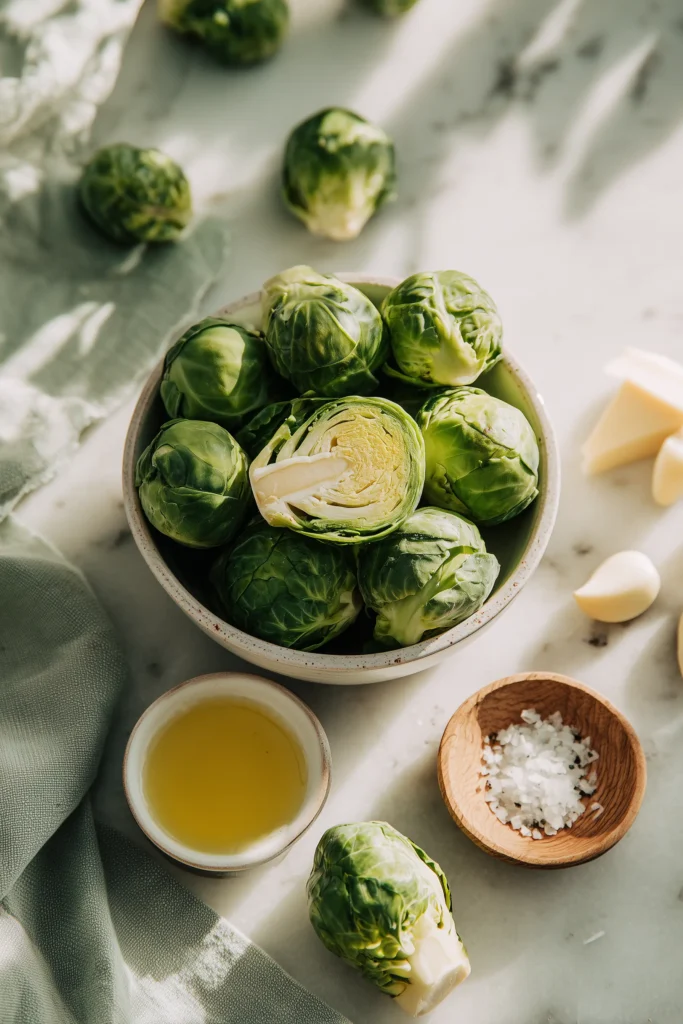 Ingredients for Roasted Brussels Sprouts with Garlic on a marble surface including fresh Brussels sprouts and garlic.