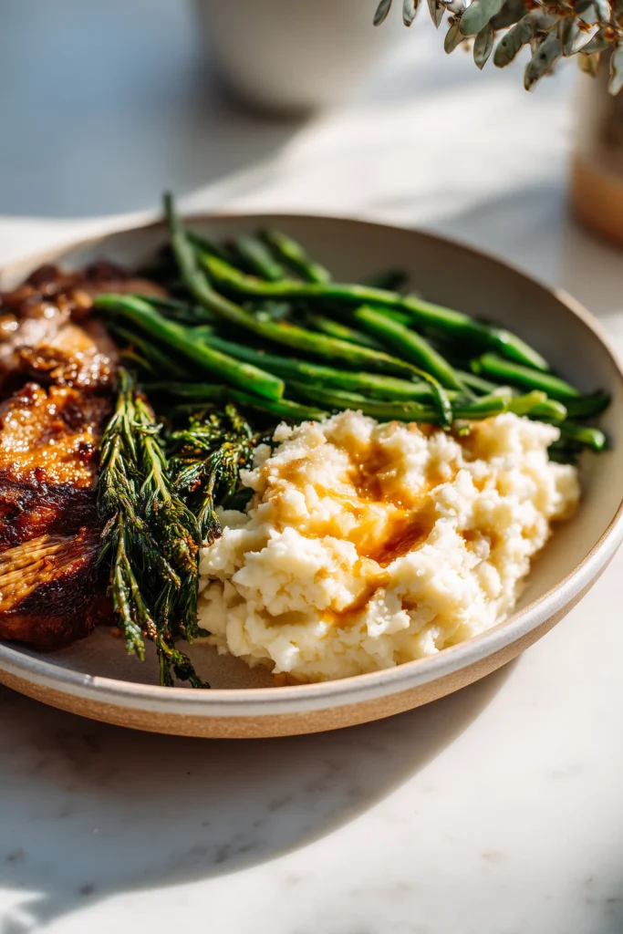 Crispy Roasted Brussels Sprouts with Garlic served with mashed potatoes and roasted meat on a bright plate.