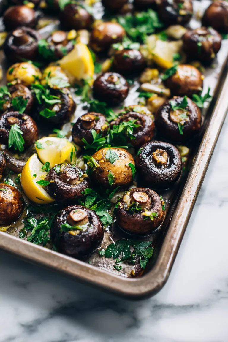 Close-up of Roasted Mushrooms with Olive Oil and Garlic showing golden caramelized mushrooms and fresh herbs.