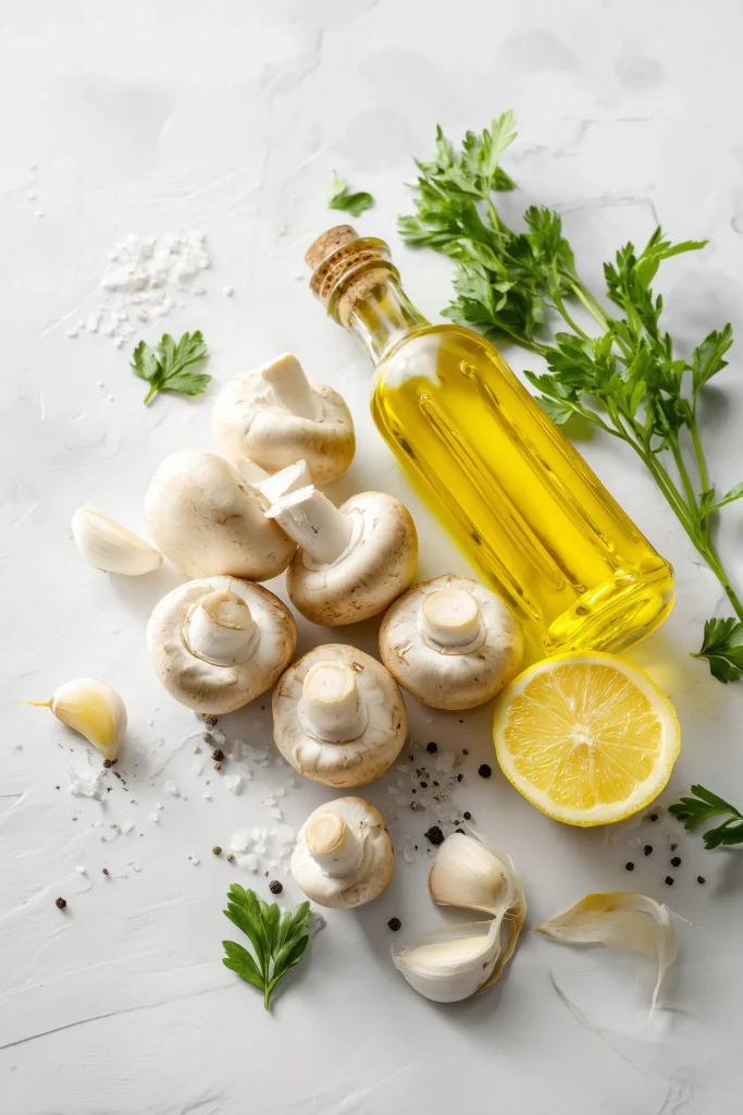 Roasted Mushrooms with Olive Oil and Garlic 2 Mushrooms, olive oil, garlic, parsley, lemon, and seasonings ready for making Roasted Mushrooms with Olive Oil and Garlic.