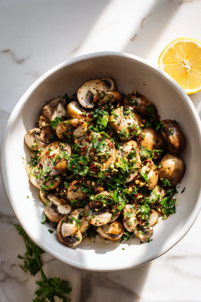 Roasted Mushrooms with Olive Oil and Garlic 3 Bowl of mushrooms coated in olive oil, garlic, and spices for Roasted Mushrooms with Olive Oil and Garlic.