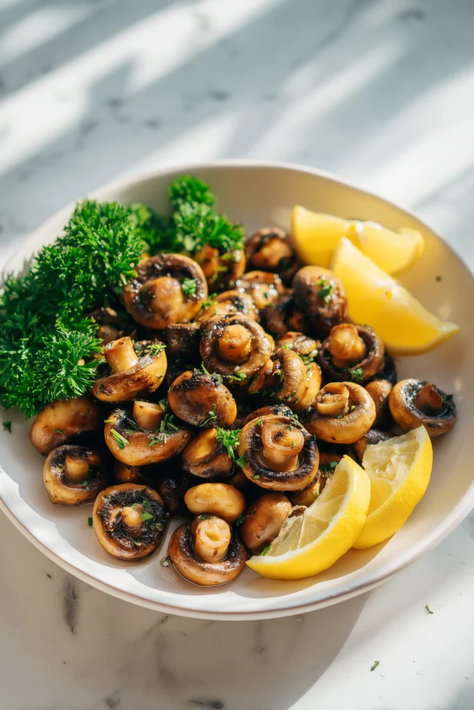 Roasted Mushrooms with Olive Oil and Garlic 4 A dish of Roasted Mushrooms with Olive Oil and Garlic garnished with parsley and lemon, ready to serve.