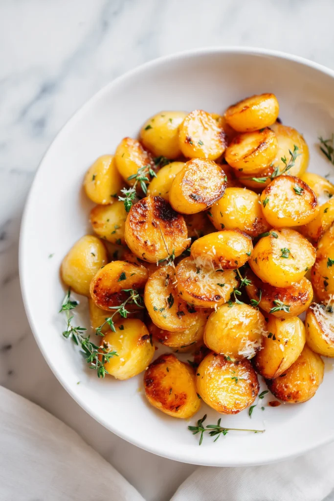 A dish of Roasted Radishes With Parmesan, glistening with olive oil and melted cheese.