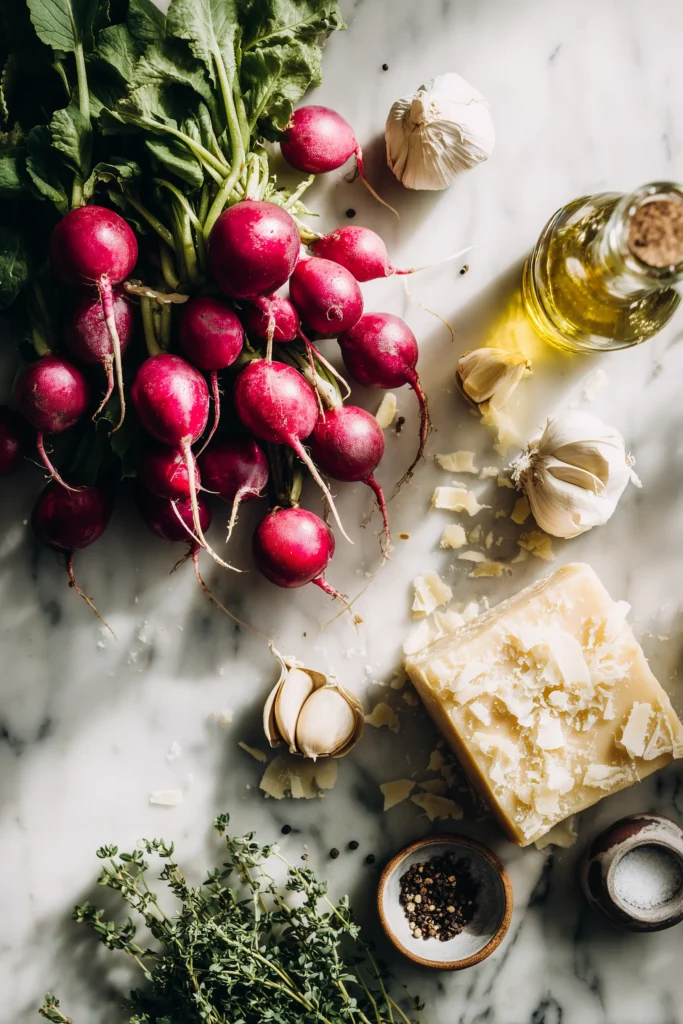 Roasted Radishes With Parmesan 2 Ingredients for Roasted Radishes With Parmesan laid out on a marble surface.