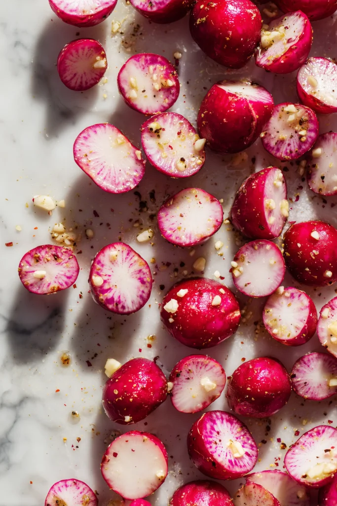 Roasted Radishes With Parmesan 3 Seasoned, halved radishes on parchment-lined baking sheet ready for roasting for Roasted Radishes With Parmesan.