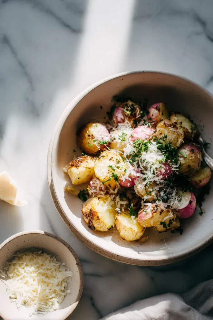 Roasted Radishes With Parmesan 4 Roasted Radishes With Parmesan in a bowl, garnished with herbs and extra grated cheese.