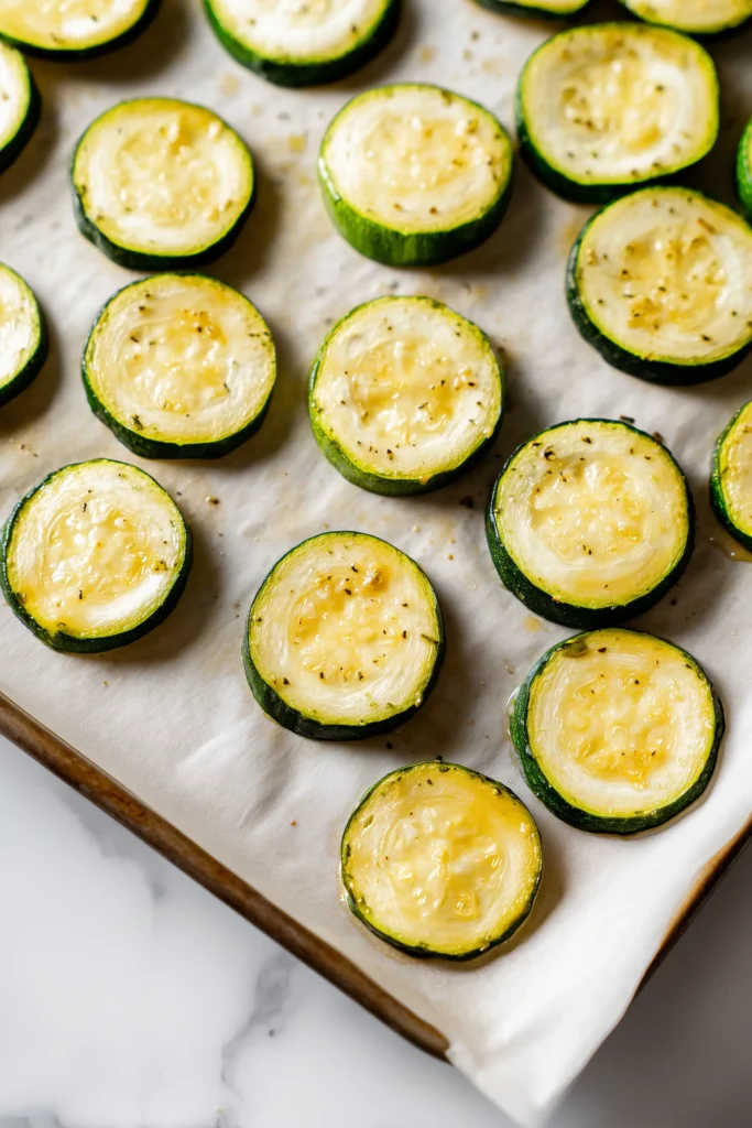 Salt and Vinegar Zucchini Chips 3 Thin zucchini slices seasoned for Salt and Vinegar Zucchini Chips, ready to be baked on a sheet.