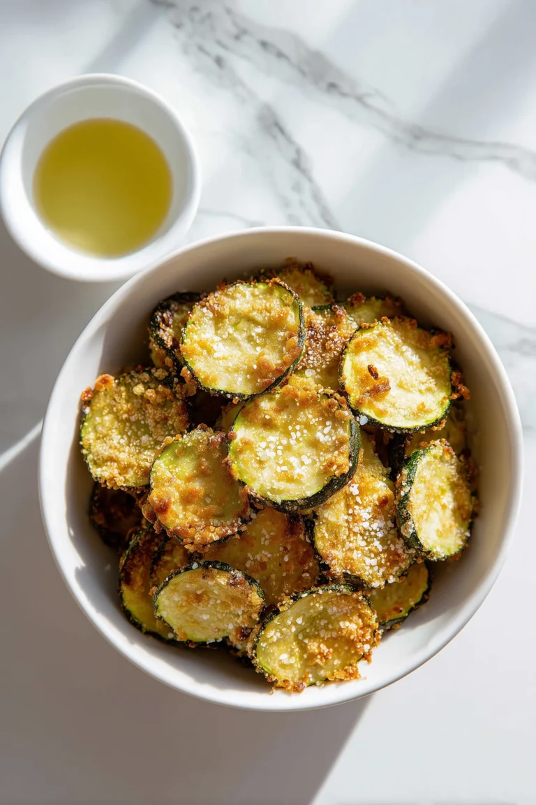 A white bowl filled with golden Salt and Vinegar Zucchini Chips, each chip crisp and lightly sprinkled with salt.