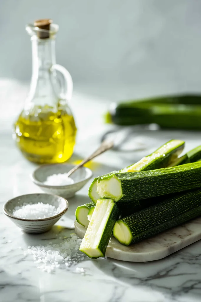 Salt and Vinegar Zucchini Chips 2 All ingredients for Salt and Vinegar Zucchini Chips gathered on a marble surface: zucchini, oil, salt, and vinegar.