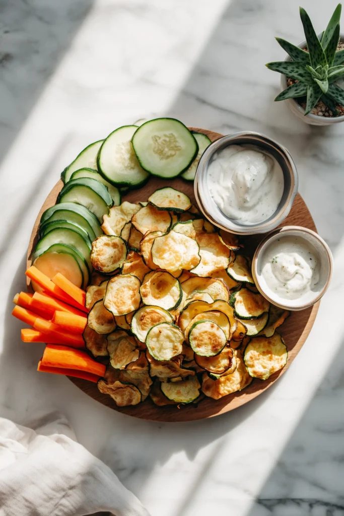 Salt and Vinegar Zucchini Chips 4 Overhead view of a snack board featuring Salt and Vinegar Zucchini Chips, vegetables, and dipping bowls.