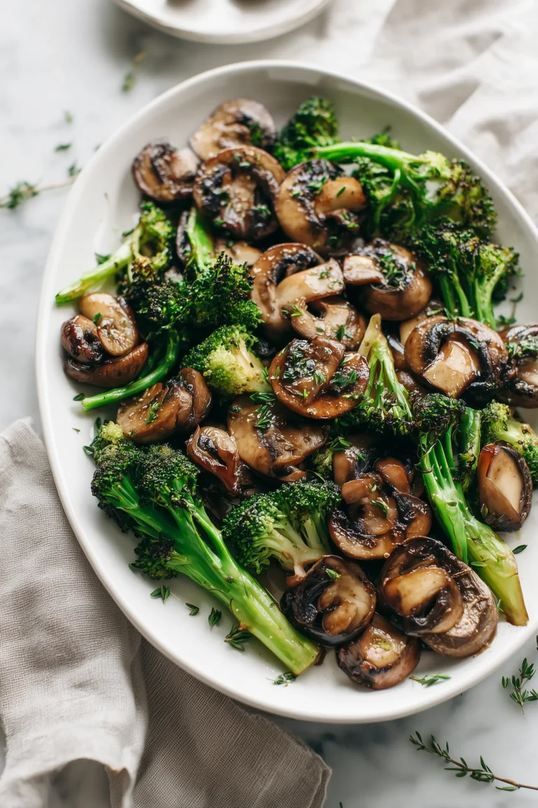 Close-up of sauteed mushrooms with broccoli arranged on a white platter, with mushrooms golden and broccoli vibrant green.