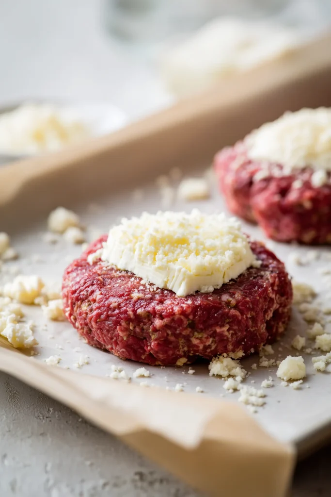 Savory Cheesy Baked Meat Patties 3 Meat patties for Savory Cheesy Baked Meat Patties with cheese inside, prepped on a parchment-lined tray.