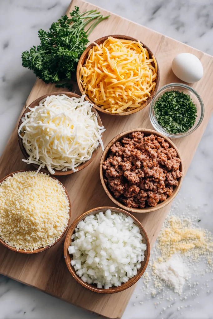 Savory Cheesy Baked Meat Patties 2 All ingredients for Savory Cheesy Baked Meat Patties arranged in small bowls on a light marble surface.