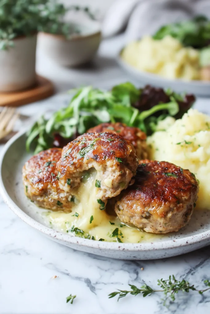 Savory Cheesy Baked Meat Patties 4 Savory Cheesy Baked Meat Patties served with mashed potatoes and green salad on a white plate with melted cheese showing.