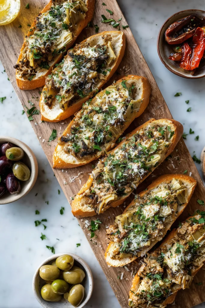 Cheesy Artichoke and Mushroom Stuffed Baguette 4 Slices of cheesy artichoke and mushroom stuffed baguette served on a wooden board with garnishes.