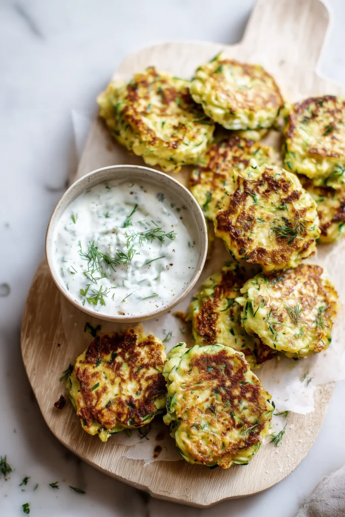 Cottage Cheese Zucchini Fritters 4 Overhead shot of golden Cottage Cheese Zucchini Fritters with a bowl of herbed yogurt dip and fresh herbs.