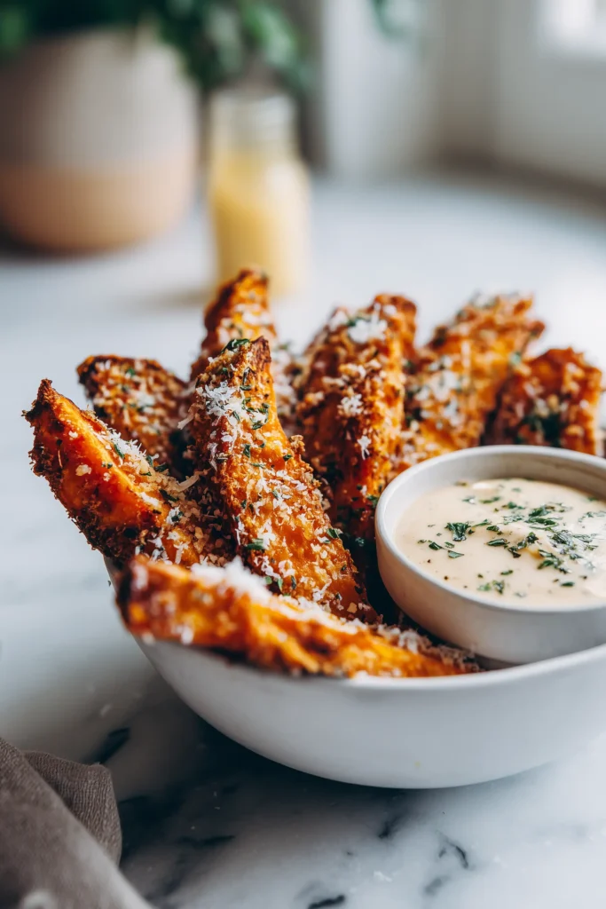 Bowl of golden Garlic Parmesan Sweet Potato Wedges served with creamy dip and herb garnish.