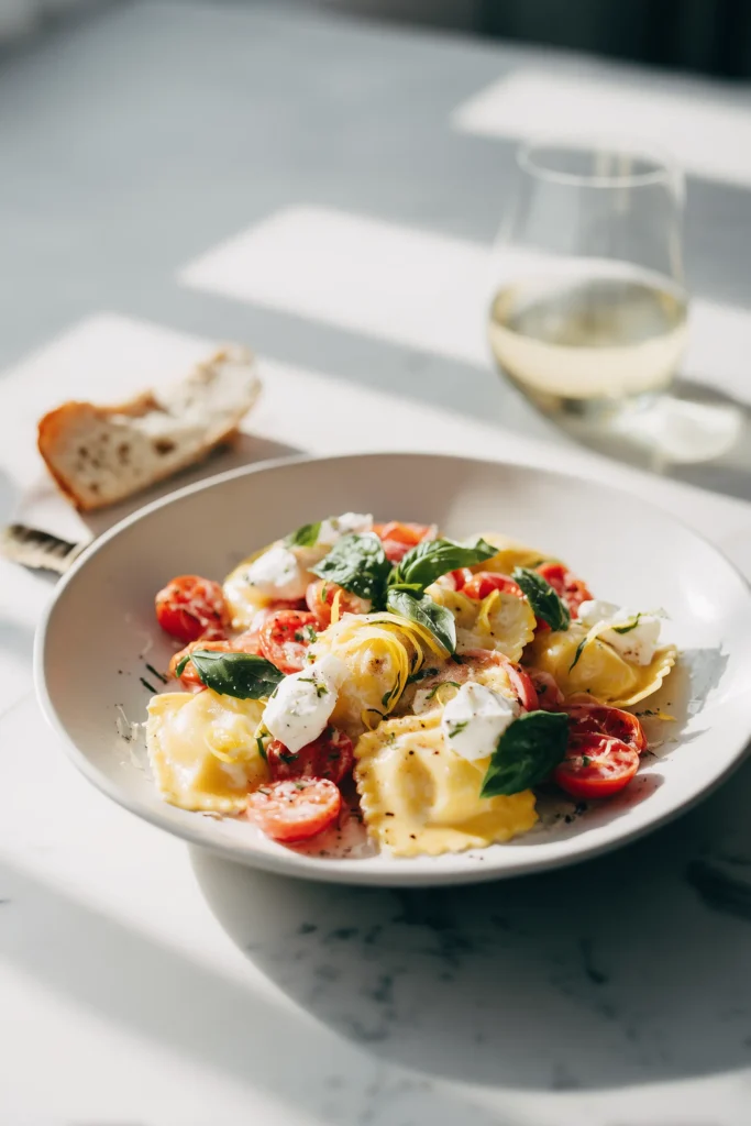 Creamy Lemon Ravioli with Burrata and Burst Tomatoes 4 Plate of creamy lemon ravioli with burrata and burst tomatoes, next to bread and wine, as serving suggestion.