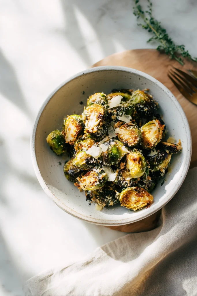 Sheet Pan Parmesan Brussels Sprouts 4 A white plate with sheet pan parmesan brussels sprouts and herb garnish, crispy parmesan edges visible.