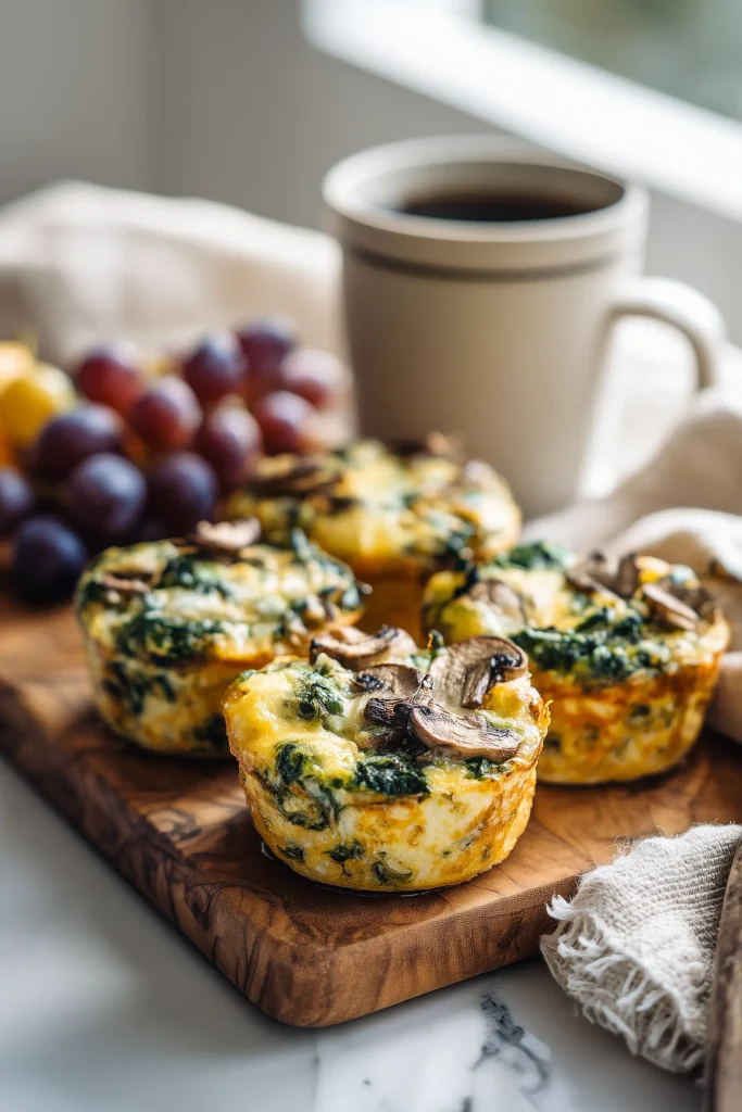 Mouthwatering Spinach and Mushroom Quiche Muffins 4 Mouthwatering spinach and mushroom quiche muffins served on a wood board for brunch with fruit and coffee.