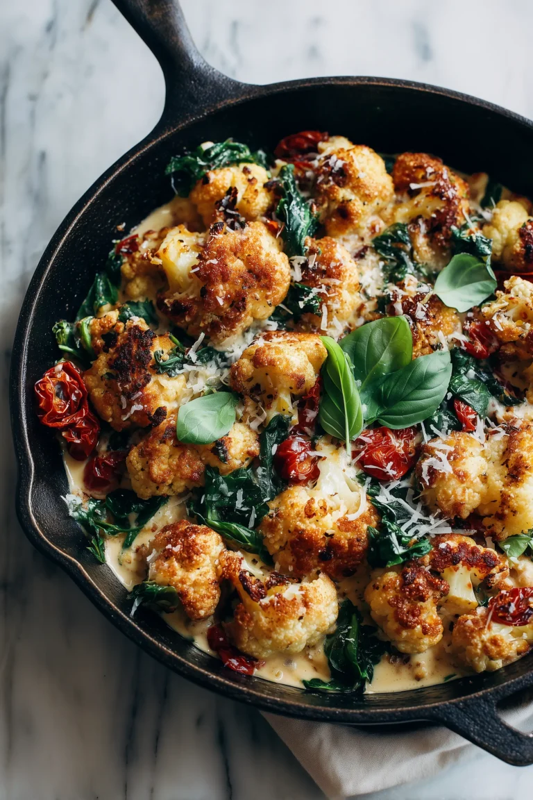 A skillet of Marry Me Cauliflower with golden florets in creamy sun-dried tomato sauce, spinach, and parmesan.
