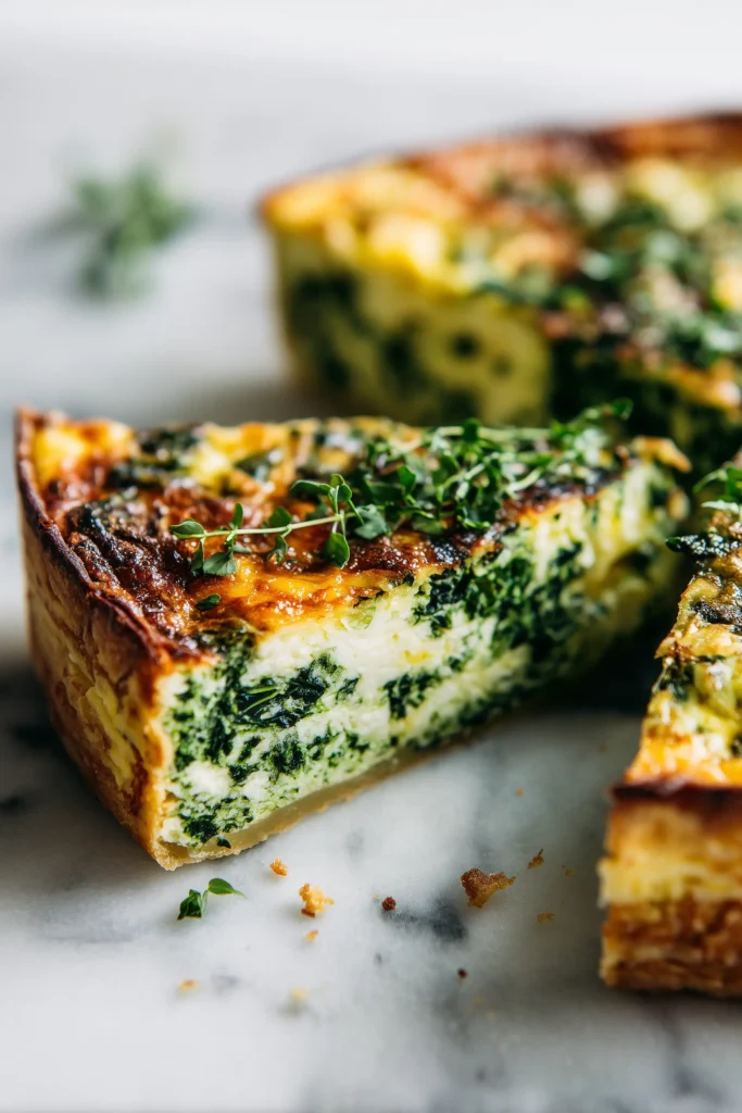 A sliced Spinach Ricotta Quiche revealing its fluffy ricotta and spinach filling and crisp crust.