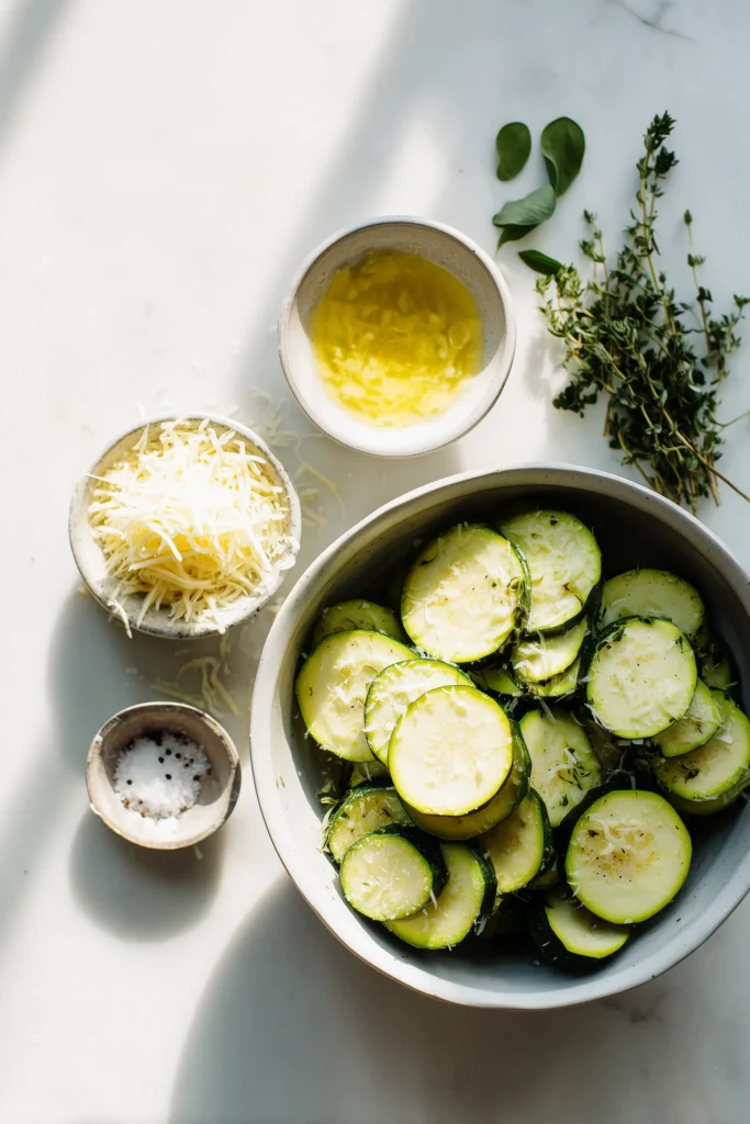 Crispy Smashed Zucchini (Easy, Cheesy & Irresistibly Golden) 2 Sliced zucchini, garlic butter, Parmesan, and herbs laid out for smashed zucchini preparation.