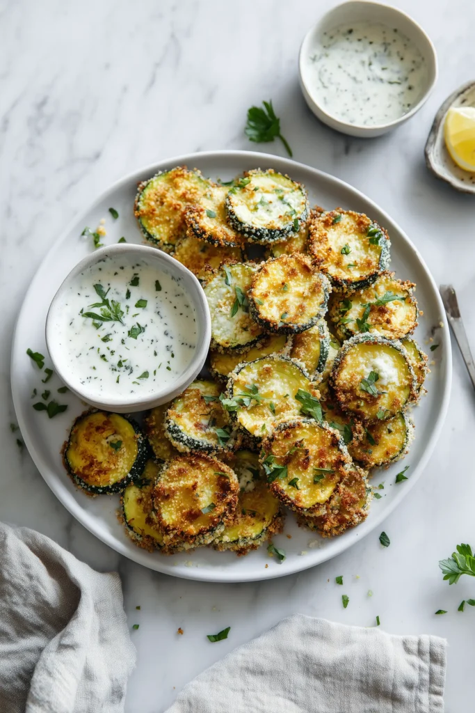 Crispy Smashed Zucchini (Easy, Cheesy & Irresistibly Golden) 4 Platter of smashed zucchini rounds served with creamy dipping sauce and sprinkled with fresh herbs.