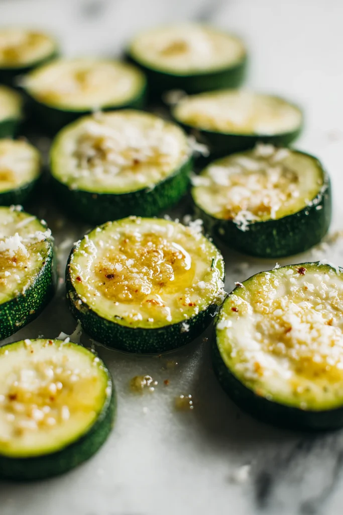Crispy Smashed Zucchini (Easy, Cheesy & Irresistibly Golden) 3 Zucchini rounds on a sheet pan being brushed with garlic butter and cheese before roasting for smashed zucchini.