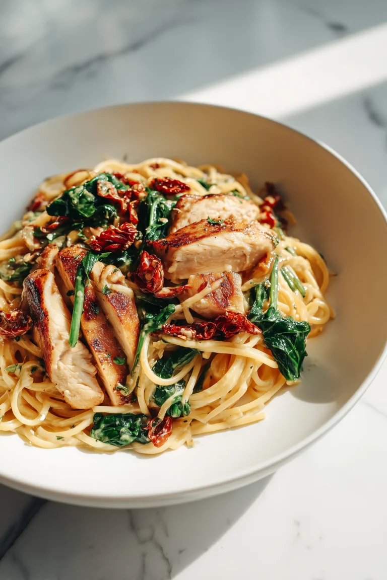A bright, close-up image of Spaghetti and Spinach with Sun-Dried Tomato Chicken Cream Sauce showing creamy pasta, chicken pieces, spinach, and sun-dried tomatoes.