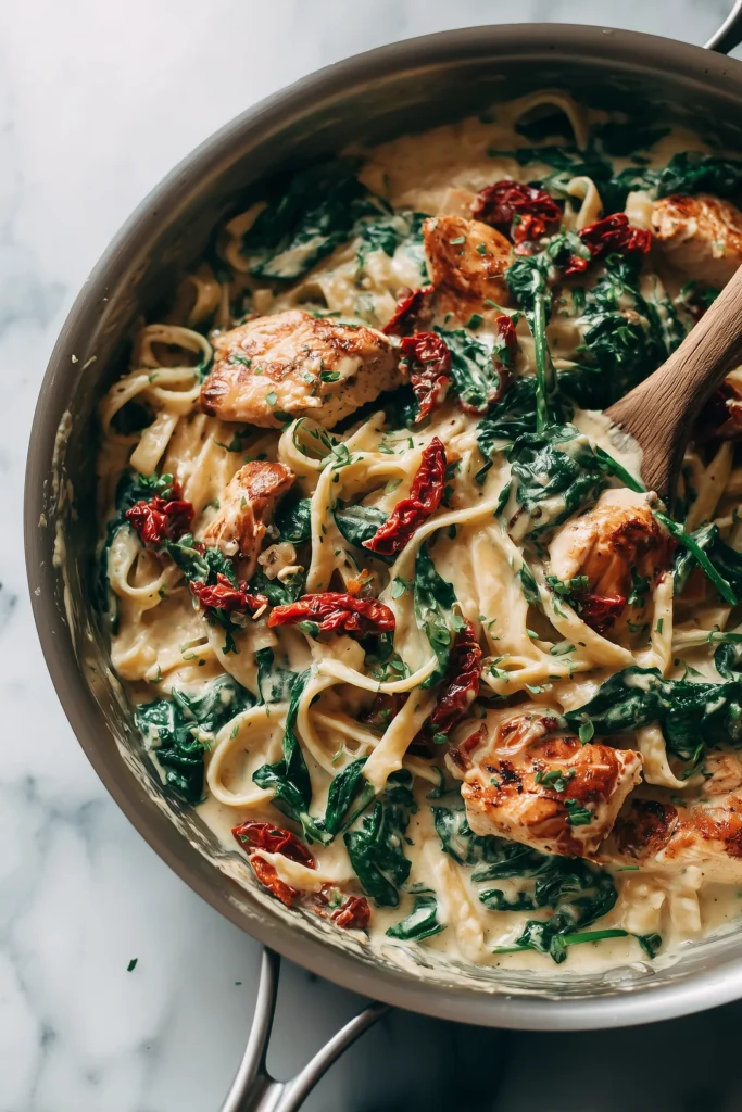 Spaghetti and Spinach with Sun-Dried Tomato Chicken Cream Sauce 2 Skillet with creamy sauce, chicken, spinach, and sun-dried tomatoes for Spaghetti and Spinach with Sun-Dried Tomato Chicken Cream Sauce.