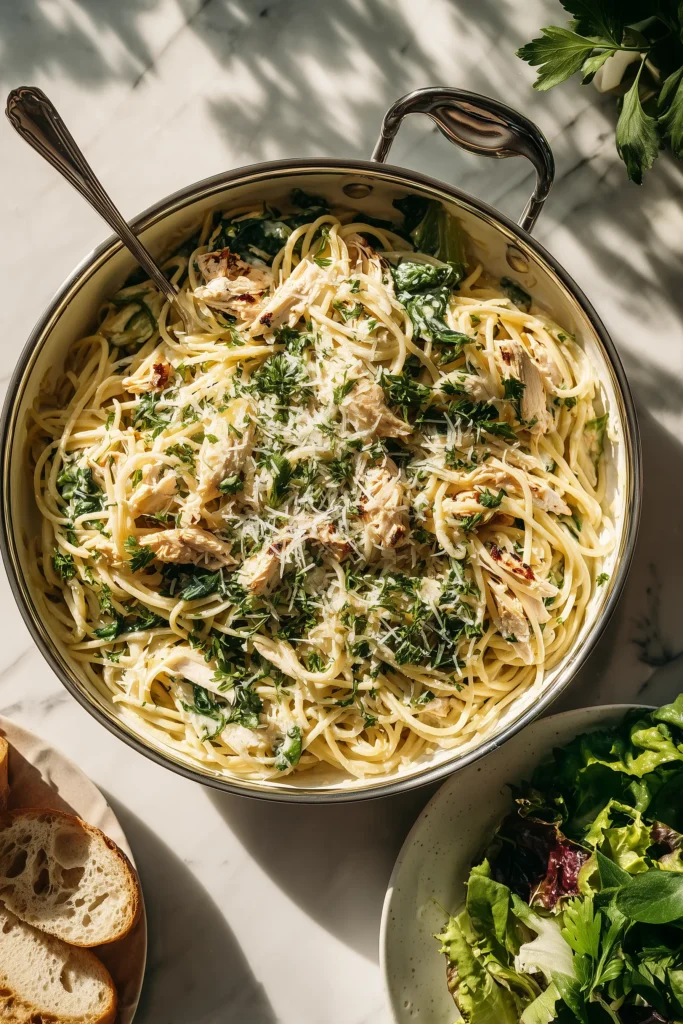 Spaghetti and Spinach with Sun-Dried Tomato Chicken Cream Sauce 4 Family-style serving of Spaghetti and Spinach with Sun-Dried Tomato Chicken Cream Sauce in a large dish with salad and bread.