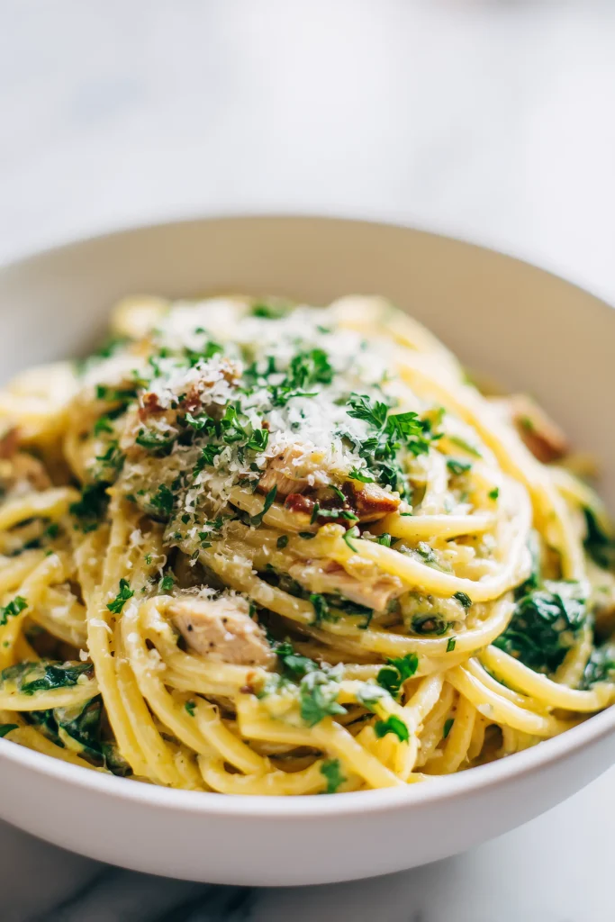 Spaghetti and Spinach with Sun-Dried Tomato Chicken Cream Sauce 3 White bowl with creamy spaghetti, spinach, sun-dried tomato, chicken, parmesan, and parsley for Spaghetti and Spinach with Sun-Dried Tomato Chicken Cream Sauce.
