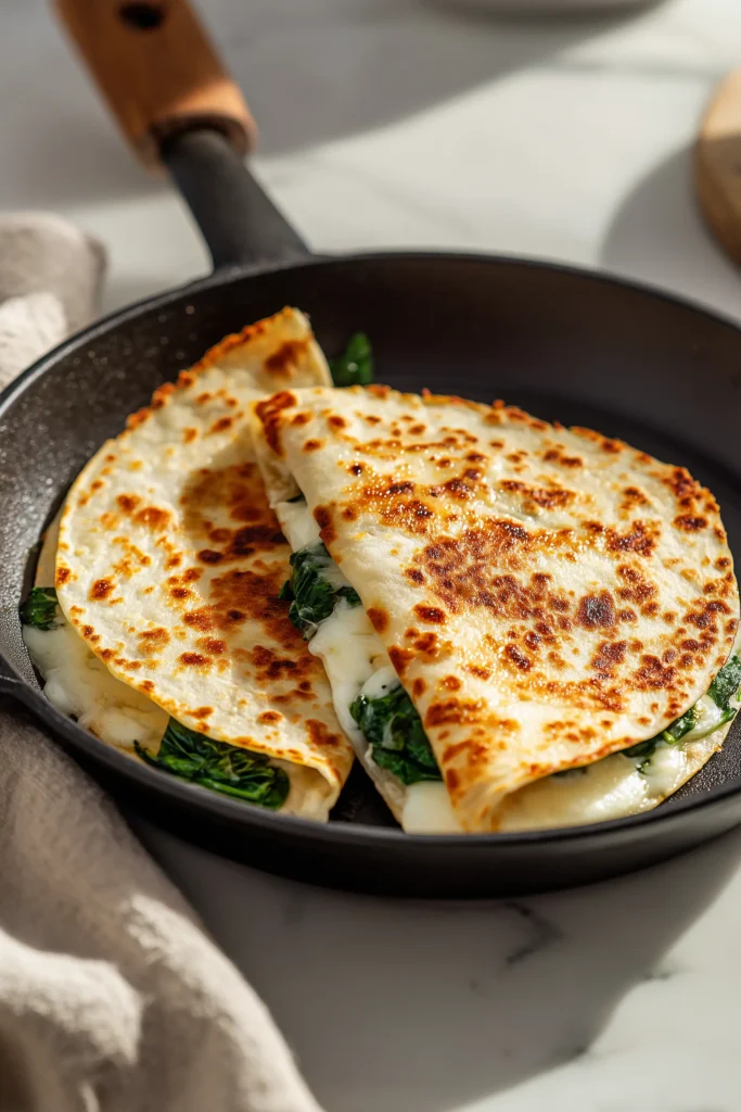 Spinach Feta Quesadillas browning in a skillet, with bubbling cheese and bright spinach peeking out.