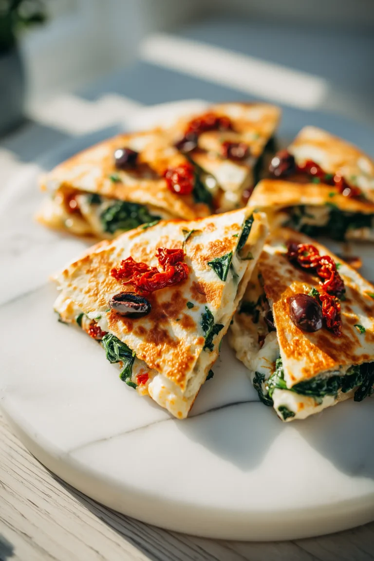 Golden-brown Spinach Feta Quesadillas with melted cheese, spinach, and feta on a plate.