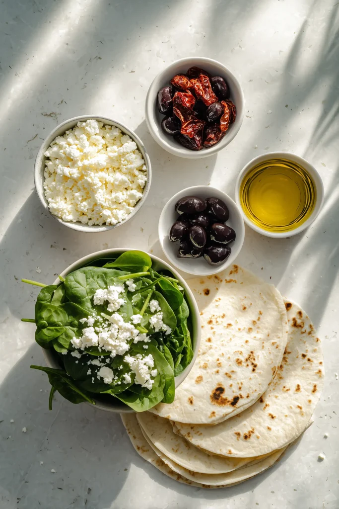 Ingredients for Spinach Feta Quesadillas arranged on a bright marble background, including spinach, feta, and tortillas.