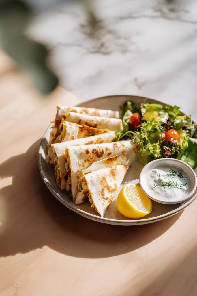 Spinach Feta Quesadillas on a plate with tzatziki, a lemon wedge, and a green salad, creating a fresh, cozy meal.