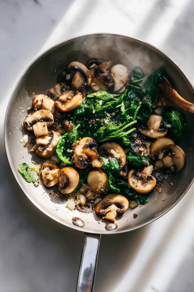 Spinach Mushroom Orzo 3 Mushrooms sautéing with olive oil and spinach wilting in a skillet for Spinach Mushroom Orzo.