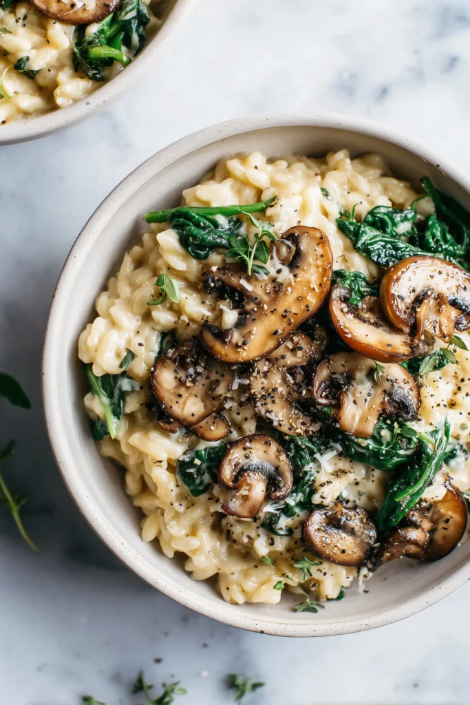 A close-up of Spinach Mushroom Orzo with mushrooms and spinach in a creamy Parmesan sauce on a light background.